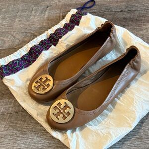 Tory Burch Minnie Brown Leather Flats with Gold Logo